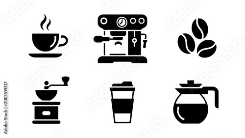 Set of coffee icons including cup machine beans and kettle on white background