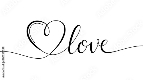 Heart shaped line art with love text in elegant cursive font