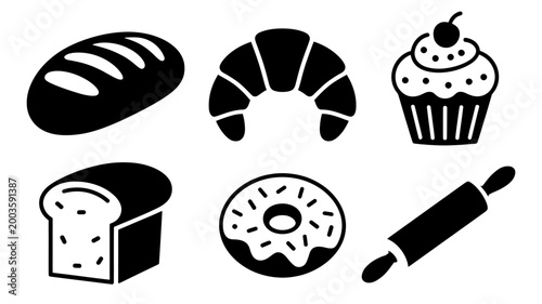 Bakery icons including bread croissant cupcake and rolling pin on white background