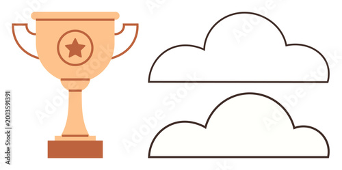 Achievement, competition, goals, success, recognition, aspiration. A trophy cup with a star next to two outlined cloud shapes. Achievement and recognition concept