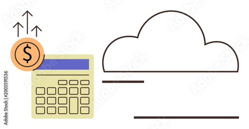 Financial management, cloud storage costs, data economy, online budgeting tools, business growth, technology strategies. Calculator with rising profit icon and a cloud image. Financial management