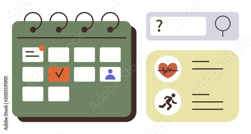 Time management, fitness tracking, health goals, planning tools, online search, task organization. Green calendar with checkmarks, health icons and a search bar. Time management and fitness tracking