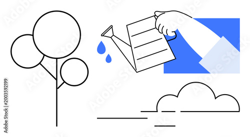 Environmental awareness, sustainable growth, gardening, climate action, eco-education, nature conservation. Hand watering a tree with drops and a cloud. Environmental awareness and sustainable growth