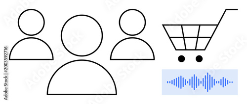 E-commerce concept. E-commerce trends with customer icons, shopping cart, and voice search . E-commerce driving online shopping, voice-assisted technology, and consumer engagement. Useful for retail