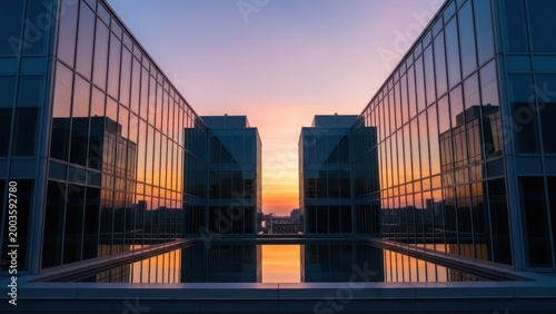 Symmetrical glass buildings reflect a vibrant sunset over water, framed by mirrored facades