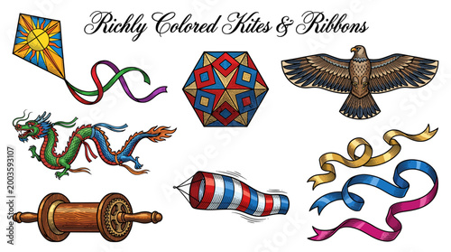 Collection of Colorful Hand Drawn Kites and Ribbons Featuring Dragon Eagle and Geometric Patterns for Outdoor Leisure Activities
