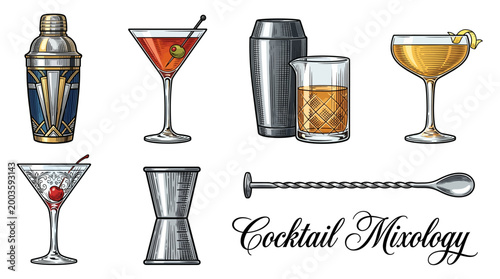 Vintage Cocktail Mixology Vector Set with Hand Drawn Bar Tools, Shakers, Glassware and Classic Drinks such as Martini and Manhattan for Bar Menu Design and Nightlife Decor