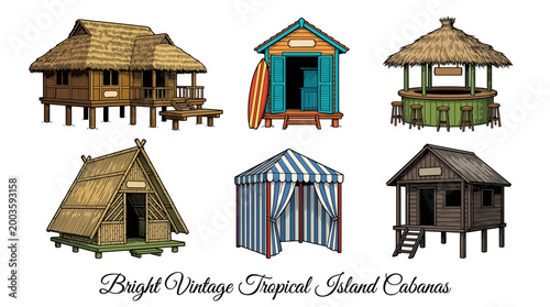 Set of Vintage Tropical Island Cabanas, Beach Huts and Tiki Bar Vector Illustrations