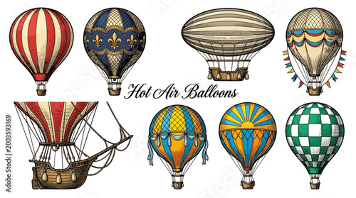 Vintage Hot Air Balloon and Airship Collection, Hand-Drawn Vector Illustrations of Antique Flying Machines with Various Patterns