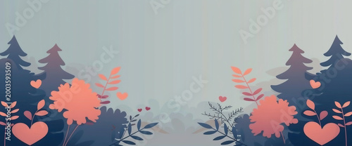 Serene forest backdrop with delicate heart motifs, ideal for Valentine's Day designs, romantic themes, or peaceful wellness content. Ample copy space for text and branding.
