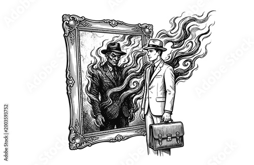 Vintage Engraving Woodcut Illustration of Surreal Mirror Reflection Concept of a Businessman Facing His Dark Self
