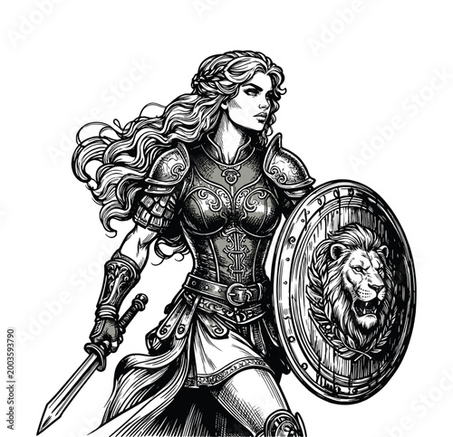 Vintage Brave Shieldmaiden with Lion Crest Shield and Sword Illustration - Black and White Line Art, engraving vector illustration. Scratch board imitation
