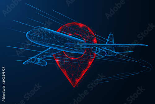 The final destination of the air route. A passenger plane flies through a digital geolocation tag. The concept of aviation security, tracking, logistics and control in transport systems.