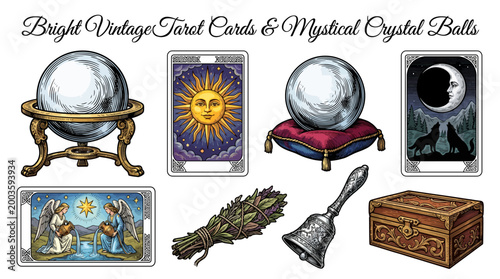 Vintage Mystical Occult Set with Tarot Cards, Crystal Balls, Herbs, and Ritual Objects Vector Illustration