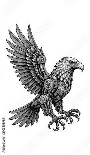 Steampunk Mechanical Eagle with Gears and Wings — Vintage Engraving Style Illustration