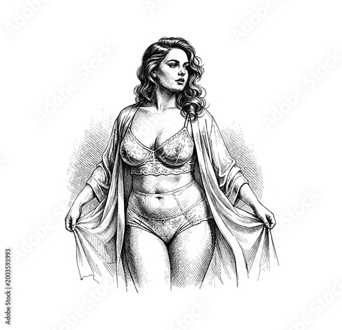 Vintage Elegant Woman in Lingerie and Robe Illustration - Black and White Line Art, engraving vector illustration. Scratch board imitation
