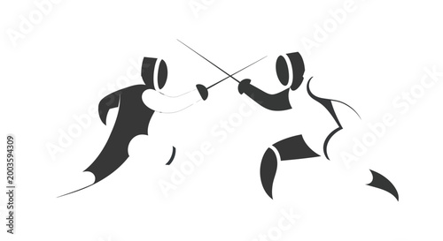 Fencing duel silhouette, sport competition, abstract figures, action pose