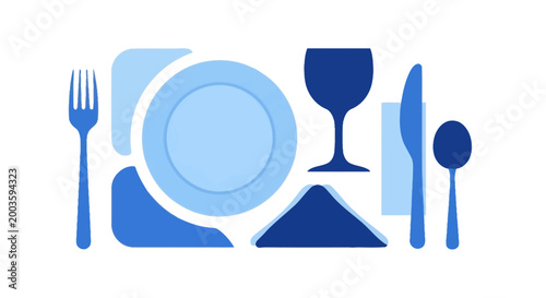 Elegant Table Setting with Blue Utensils, Plate, Napkin, and Wine Glass