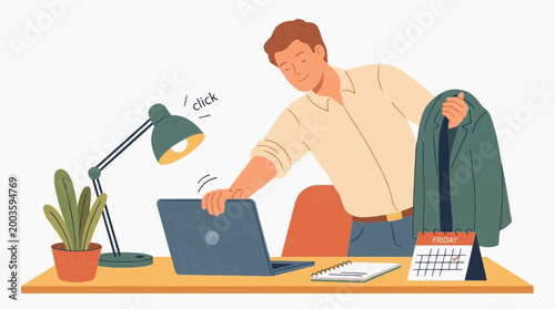 Man working at his desk with a laptop, lamp, jacket, and calendar. The man appears to be clicking something on the laptop.