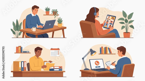 Diverse individuals engaging in different remote work activities, each focused on their tasks 