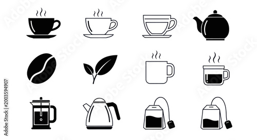 Assorted beverages icons in black and white