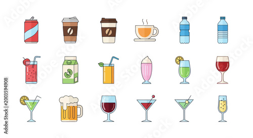 Assorted beverages icons in a flat style