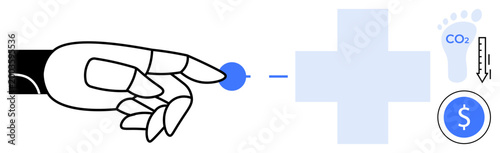 Sustainability, robotics, technology, healthcare, eco-friendliness, cost efficiency. Robotic hand interacting with a point near a medical cross. Sustainability and robotics concept in healthcare