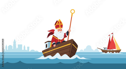 Saint Nicholas Arrives by Boat with Staff, Sailing Ship in Background