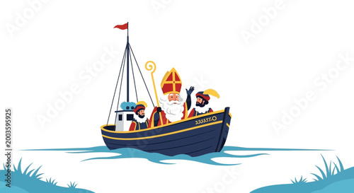 Saint Nicholas arrives by boat with helpers, festive arrival concept