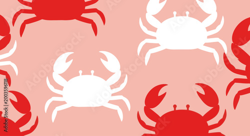 Red and white crab pattern on pink background, seamless, graphic, illustration, food concept