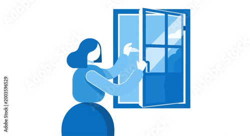Woman opening a blue window, ventilation and fresh air concept, flat design illustration