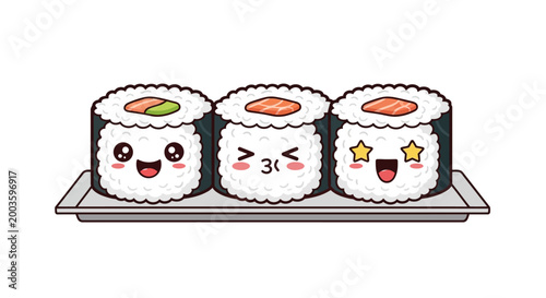 Cute Kawaii Sushi Rolls with Salmon and Avocado on a Plate, Japanese Food