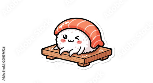 Cute Kawaii Sushi Salmon Nigiri Character Winking on Wooden Plate