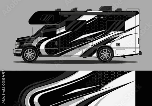 Sporty motorhome wrap design with black and white geometric patterns