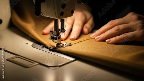 Close-up of a person sewing fabric on a sewing machine.