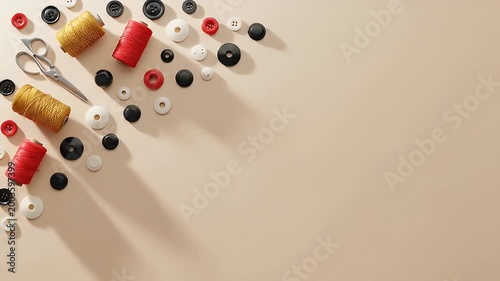 Creative sewing tools and accessories arranged on a beige surface.