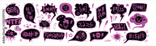 Pink comic speech bubbles set with halftone style on dark background for pop art design. Retro dialogue balloons with bold expressions and manga vibe. Ideal for stickers, social media, chat UI, and cr