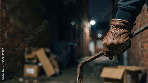 Crowbar leather glove hand crime thief burglary holding pry bar weapon in dark urban alleyway for breaking and entering concept