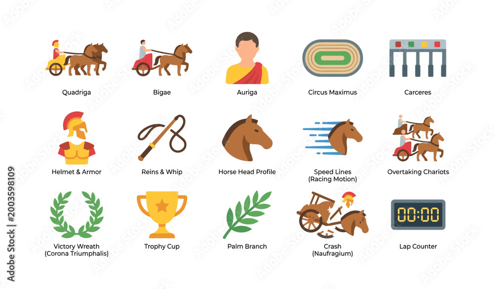 Fototapeta premium Ancient chariot racing icons and symbols in grid layout