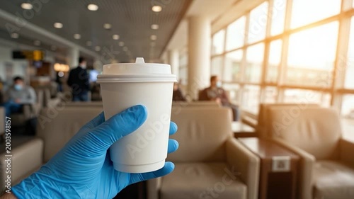 Person Holding Coffee Cup in Airport Lounge with Travelers in Background