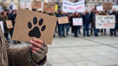 Protester Holding Sign with Paw Print at Animal Rights Demonstration in Urban Setting
