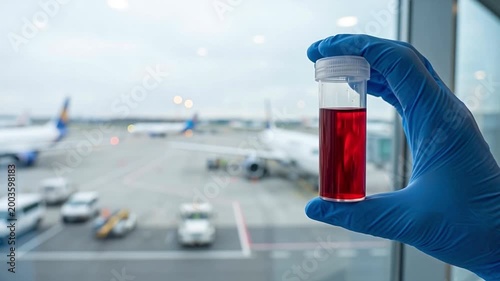 Medical Test Tube with Red Liquid at Airport Against Airplane Background