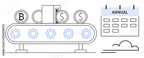 Financial technology, cryptocurrency management, yearly planning, automated processes, economic analysis, and currency systems. Conveyor belt with currency symbols and annual calendar. Financial