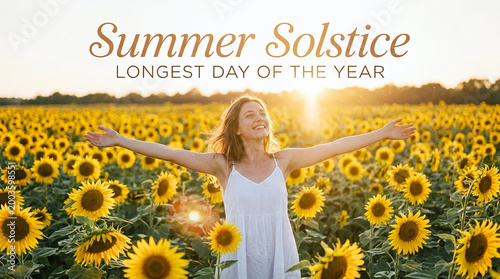 Summer solstice longest day of the year woman in sunflower field