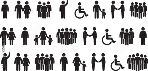 People and user silhouettes icons showing individuals, groups and crowd concepts. Black filled glyph symbols for UI, HR, social media, business dashboards, apps and corporate interfaces.