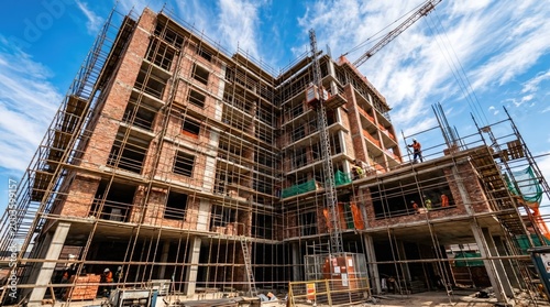 A multi-story building under construction with scaffolding and workers against a blue sky with clouds.