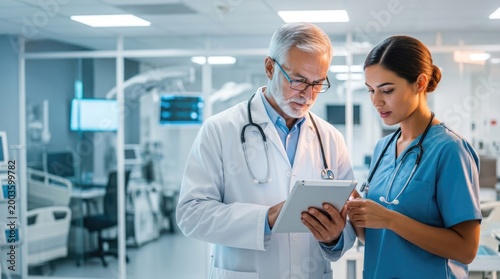 Two medical professionals, a male doctor and a female nurse, are reviewing patient information on a digital tablet in a modern hospital setting.