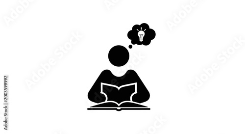 Person reading a book, thinking of a light bulb idea icon