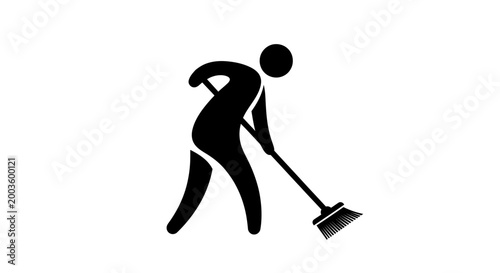 Silhouette of a person sweeping with a broom, isolated on white background.