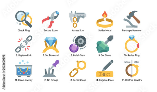 Jewelry repair and maintenance icons depicting workshop steps